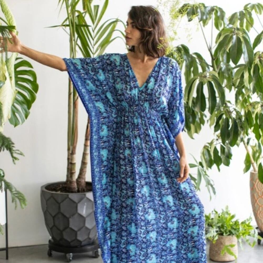 Anthropologie Rujuta Sheth Marie Caftan Maxi Dress S/M Blue Floral Garden Boho